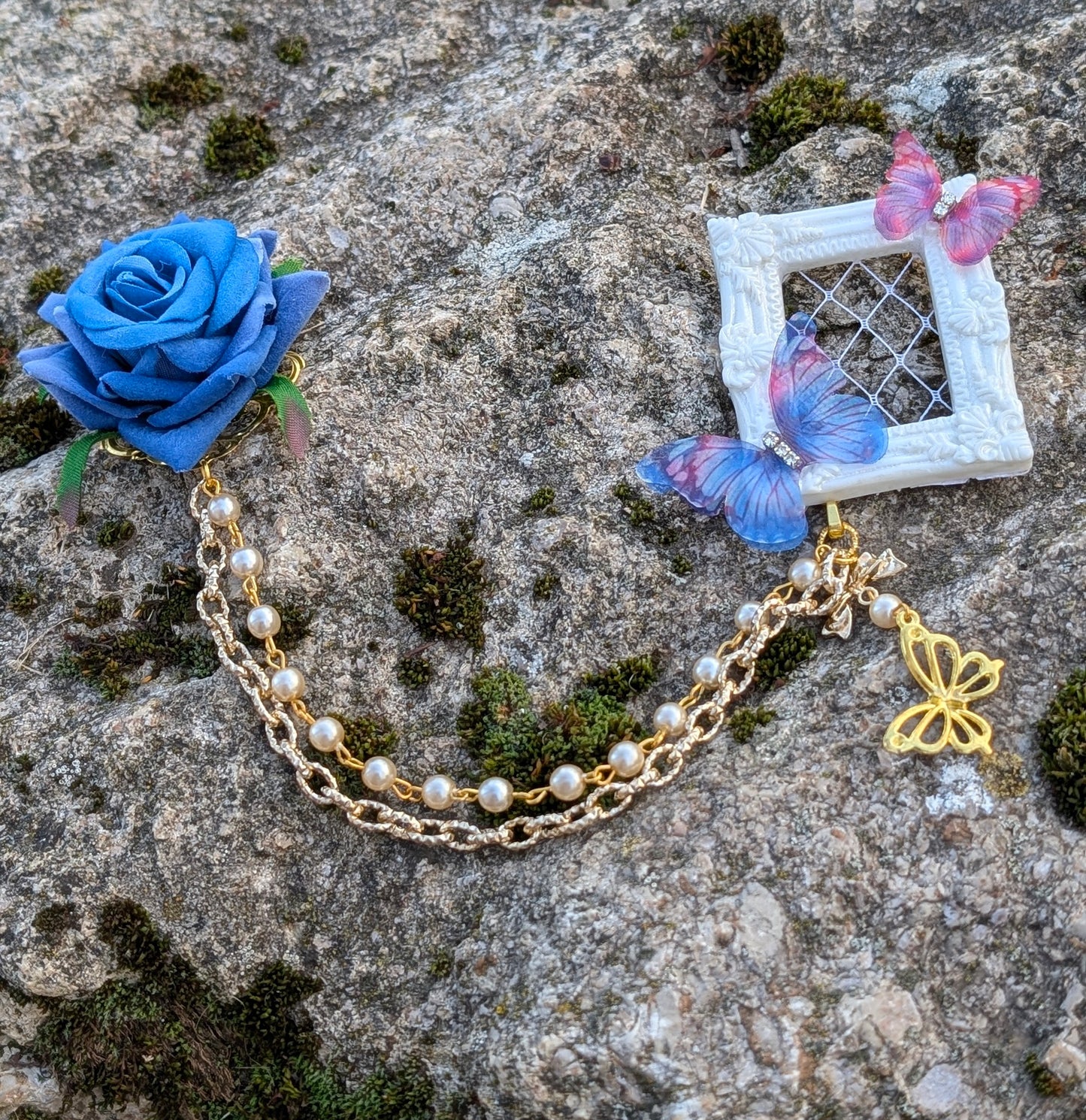 Ketten Brosche "Rosenfenster" • Blau • Schwarz