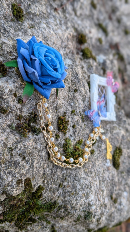Ketten Brosche "Rosenfenster" • Blau • Schwarz